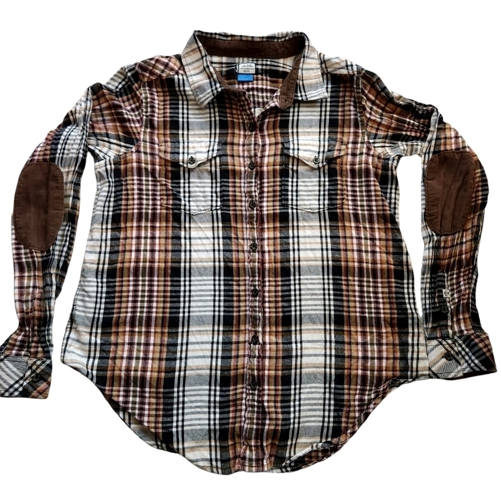 Kavu sz L Brown Plaid Flannel Button Down Elbow Patches